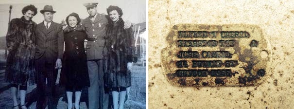(Left) WWII soldier Alfredo T. Cabral, second from right, with his family in a 1944 photo; (Right) His badly scarred dog tag found by a beach walker on a beach in Nettuno, Italy.