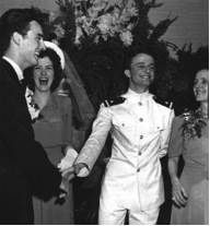Ensign Amick enjoying a chuckle during his wedding celebration in 1942. Courtesy/Joanne Amick Comer