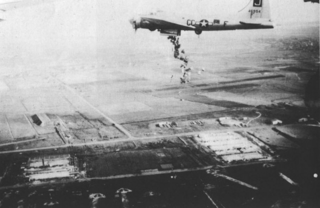 B-17 from 390th BG releasing food packages over Holland during Operation Manna-Chowhand 1 May 1945
