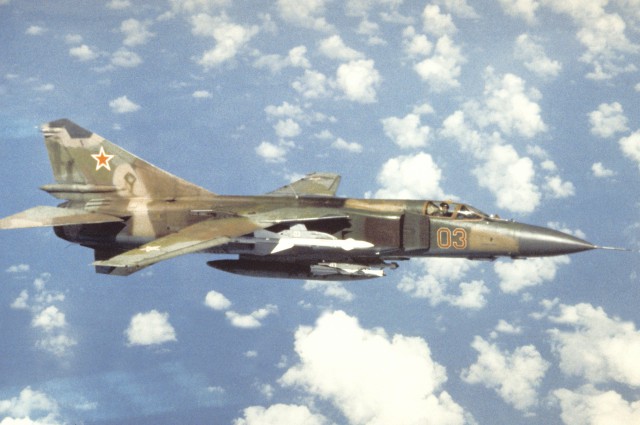 An air-to-air right side view of a Soviet MiG-23 Flogger aircraft. Exact Date Shot Unknown