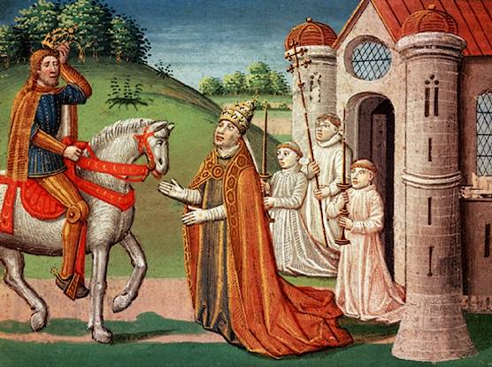 This 15th-century depiction of Charlemagne and Pope Adrian I shows a well-bred medieval horse with arched neck, refined head and elegant gait. (Wikipedia)