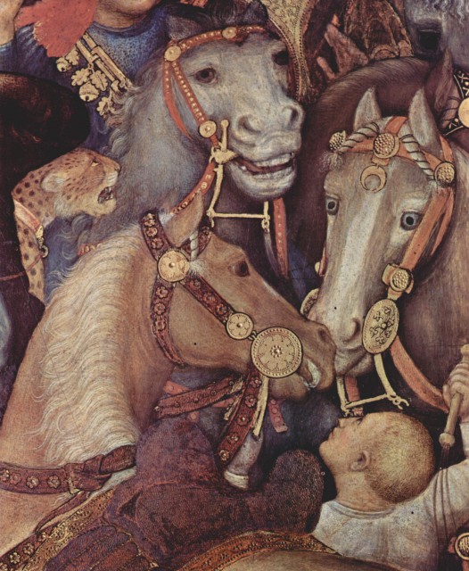 Detail from 15th-century painting by Gentile da Fabriano, showing curb bits, with ornamental bosses at the sides of the mouthpiece (Wikipedia)