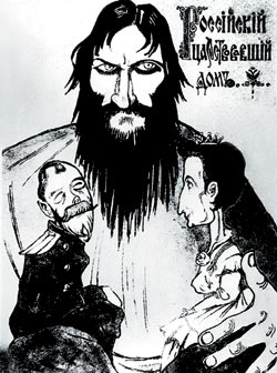 A 1916 Russian newspaper caricature denouncing Rasputin's influence over the imperial family