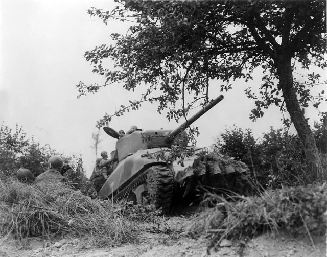 M4A1 76 Sherman Tank with hedgerow cutters in Pont Herbert Normandy