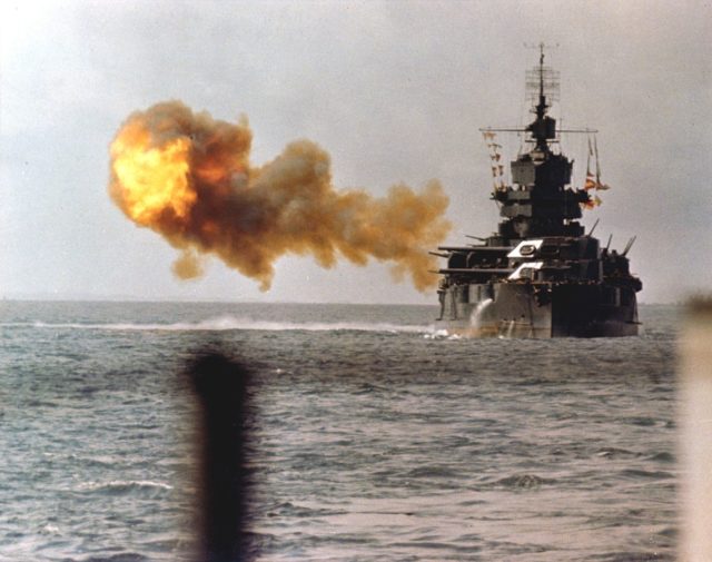 The battleship USS Idaho shells Okinawa on 1 April 1945.