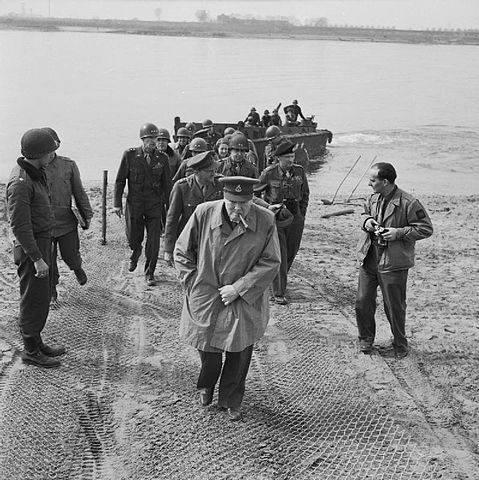 Churchill, Brooke, and Montgomery on the German-held east bank of the Rhine. 25 March 1945.