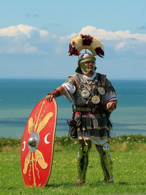 A historical reenactor in Roman centurion costume. Photo Credit.