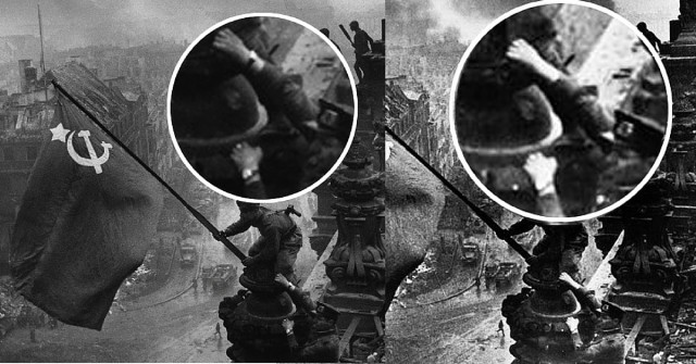Left - Original photo; Right - Altered version without the wrist-watch.