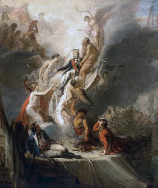 Scott Pierre Nicolas Legrand's Apotheosis of Nelson, c. 1805–18. Nelson ascends into immortality as the Battle of Trafalgar rages in the background. He is supported by Neptune, whilst Fame holds a crown of stars as a symbol of immortality over Nelson's head. A grieving Britannia holds out her arms, whilst Hercules, Mars, Minerva and Jupiter look on.