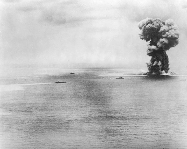 Super battleship Yamato explodes after persistent attacks from U.S. aircraft.
