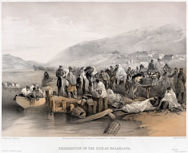 A tinted lithograph by William Simpson illustrating conditions of the sick and injured in Balaklava.