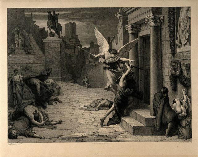 The angel of death striking a door during the plague of Rome; engraving by Levasseur after Jules-Elie Delaunay. Photo Credit.