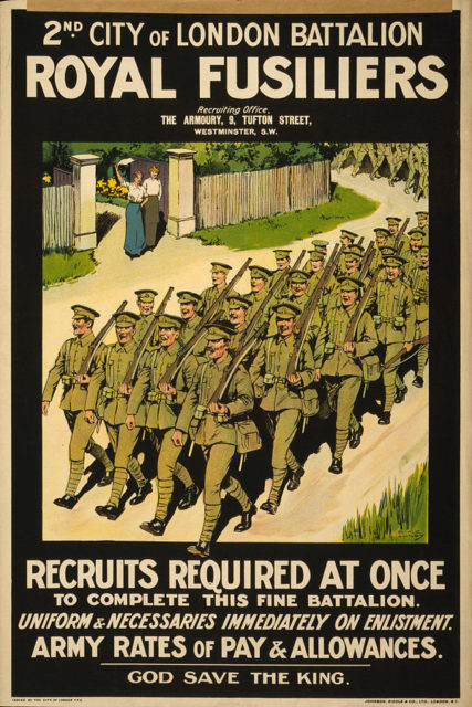 A 1915 recruitment poster for 2nd City of London Battalion, Royal Fusiliers.