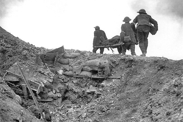 Stretcher bearers recovering wounded during the Battle of Thiepval Ridge, September 1916. Photo by Ernest Brooks.