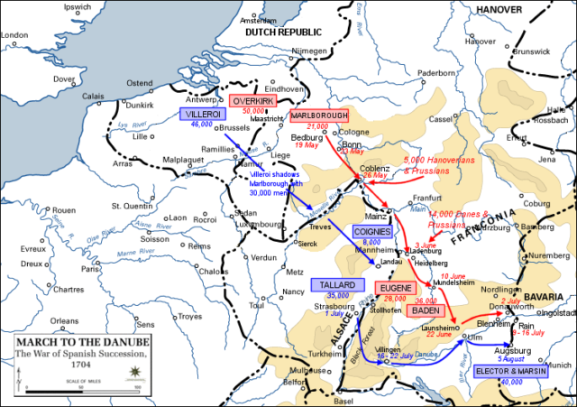 The Duke of Marlborough's march from Bedburg (near Cologne) to the Danube. His 250-mile (400-kilometre) march to prevent Vienna falling into enemy hands was a masterpiece of deception, meticulous planning and organisation. Image Credit.