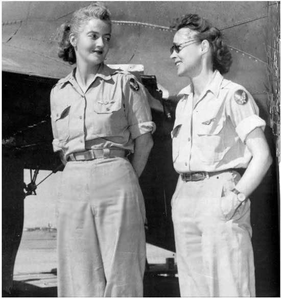 Nancy Love, pilot (left), and Betty (Huyler) Gillies, co-pilot, the first women to fly the Boeing B-17 Flying Fortress heavy bomber. The two WAFS were set to ferry a B-17 named "Queen Bee" to England when their flight was canceled by General Hap Arnold.