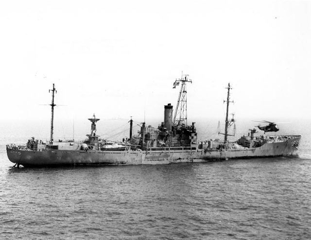 Damaged USS Liberty one day (9 June 1967) after attack.