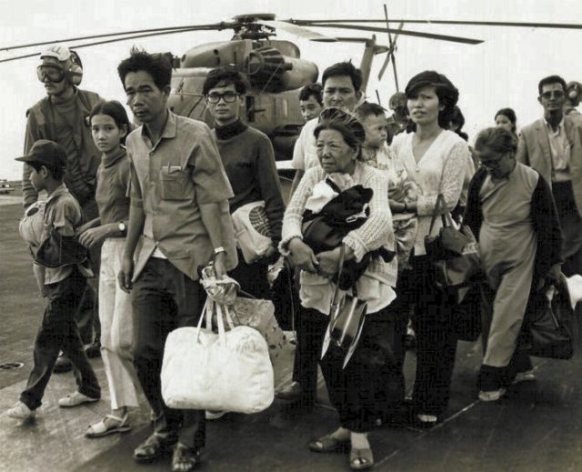 South Vietnamese refugees arrive on a U.S. Navy vessel during Operation Frequent Wind.