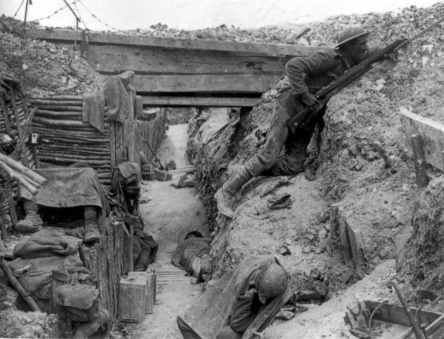 A German trench occupied by British Soldiers near the Albert-Bapaume road at Ovillers-la-Boisselle, July 1916 during the Battle of the Somme. The men are from A Company, 11th Battalion, The Cheshire Regiment.