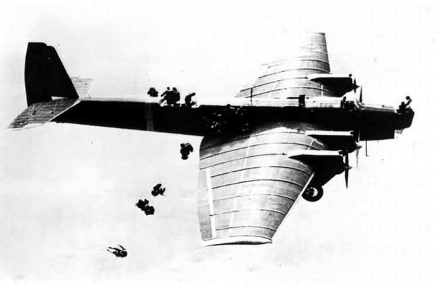 The Soviets were one of the first countries to take the concept of airborne infantry seriously developing the tactic during the 1930s. The Soviet Airborne & Disembarking the Tupolev TB-3.