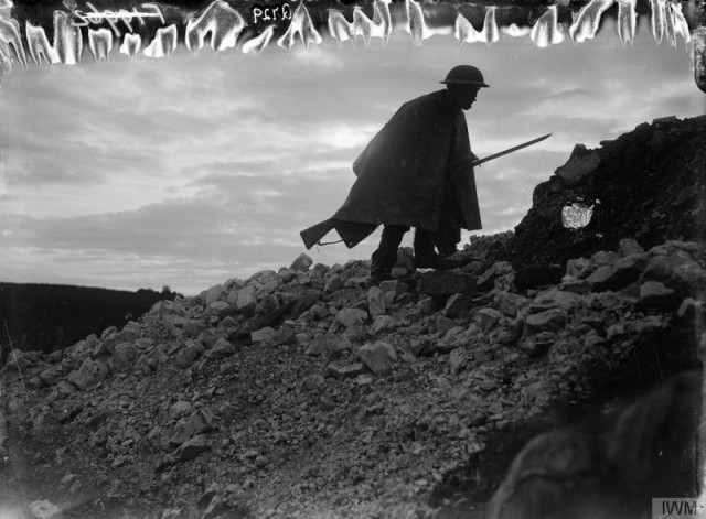 British sentry going up to his post near Beaumont Hamel. July 1916.