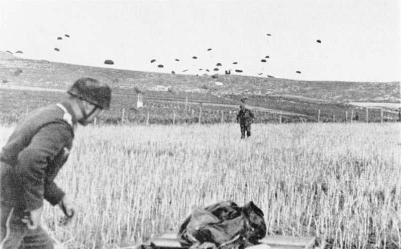 German paratroopers (Fallschirmjäger) landing on Crete, May 1941.