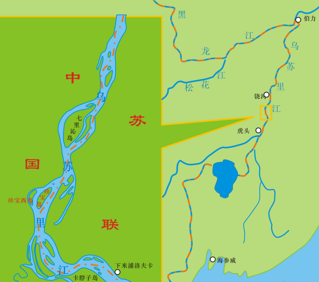 The Chinese proposal to redefine the Sino-Soviet border with Zhenbao (Damanskii) Island on the Chinese side. "中国" on the left is China, while "苏联" on the right is the Soviet Union