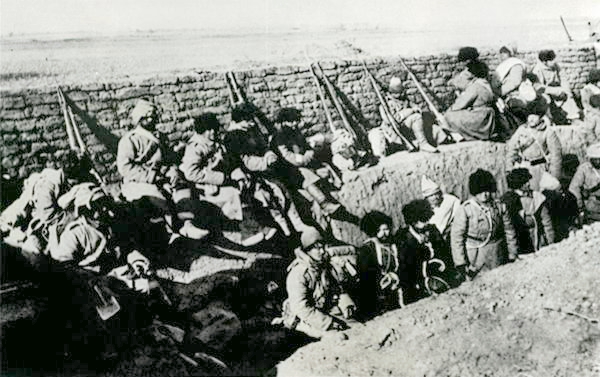Russian soldiers in trenches.
