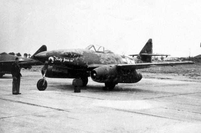 German cue jet - Scout Messerschmitt Me-262 A-Ia / U3 (Americans gave their own name - «Ledy Jess IV»), captured by the Americans. In the background is visible part of another Messerschmitt ME-262 modification uncertain.