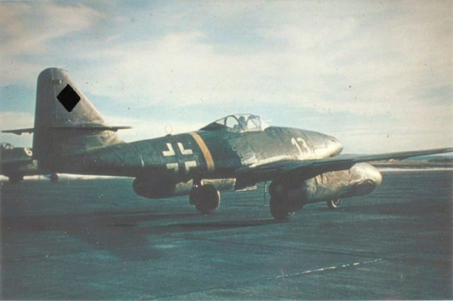 Jet fighter Messerschmitt Me-262A-1a from the third group of the 2nd combat training squadron of the Luftwaffe (III / EJG 2).