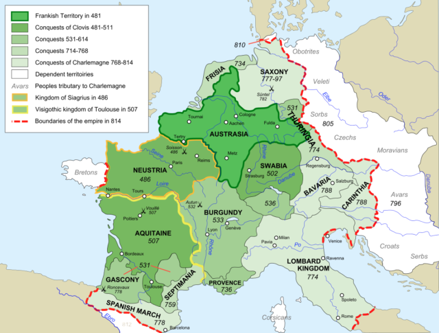 A map showing Charlemagne's additions (in light green) to the Frankish Kingdom. Source: Sémhur/ CC BY-SA 3.0/ Wikipedia