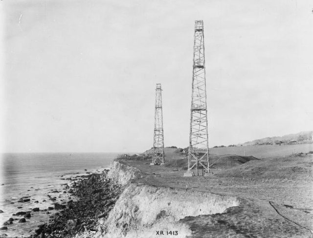 Radar receiver towers and bunkers at Woody Bay near St Lawrence, Isle of Wight, England. This installation was a 'Remote Reserve' station to Ventnor CH. [© IWM (CH 15174)]