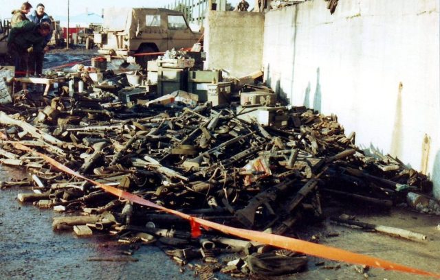 A pile of discarded Argentine weapons in Port Stanley.