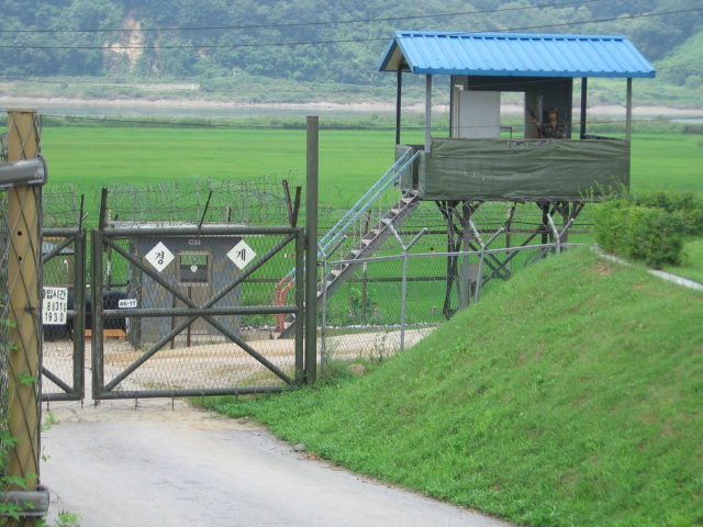 South Korean checkpoint at the demilitarized zone seen in recent times. The demilitarized zone was created in the 1953 armistice to end warfare between North and South Korea. 