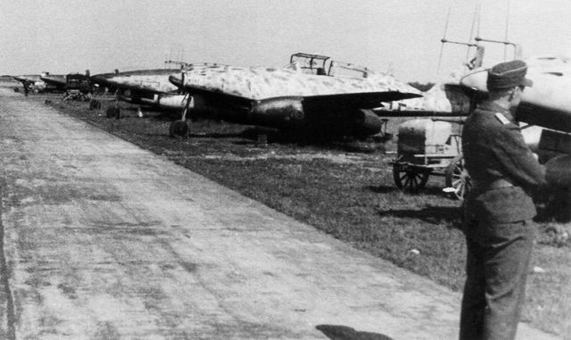 German night fighter jets Messerschmitt Me.262B-1a / U1, consisting on NJG11 weapons, airfield Schleswig Yagel. The first two aircraft are visible antenna locator "Neptune» FuG 218. The photo was taken after the surrender of Germany.