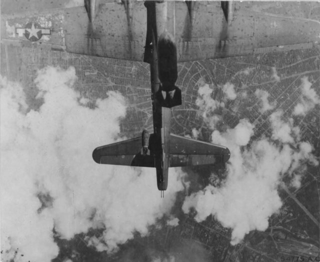 B-17G Fortress 'Miss Donna Mae II' drifted under another bomber on a bomb run over Berlin, 19 May 1944. A 1,000 lb bomb from above tore off the left stabilizer and sent the plane into an uncontrollable spin. All 11 were killed (United States National Archives)