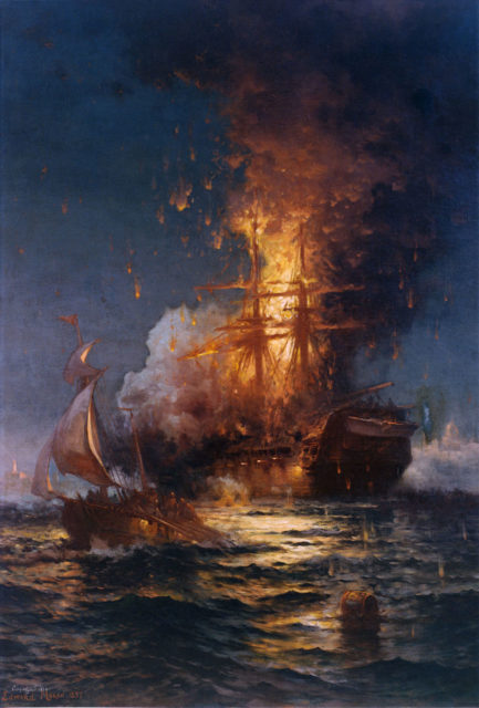 Painting of the USS Philadelphia ablaze in the Second Battle of Tripoli Harbor. Wikipedia / Public Domain 