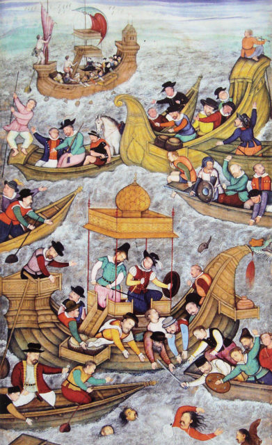 Death of Sultan Bahadur in front of Diu during negotiations with the Portuguese, in 1537. Source: Wikipedia