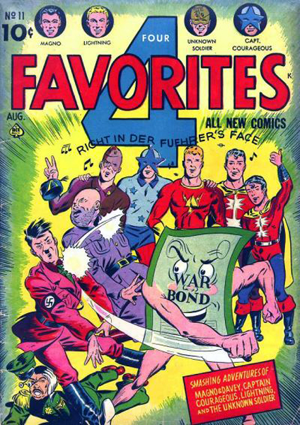 August 1943 edition of Fantastic Four featuring a cover of a war bond defeating world leaders. Wikipedia / Public Domain 