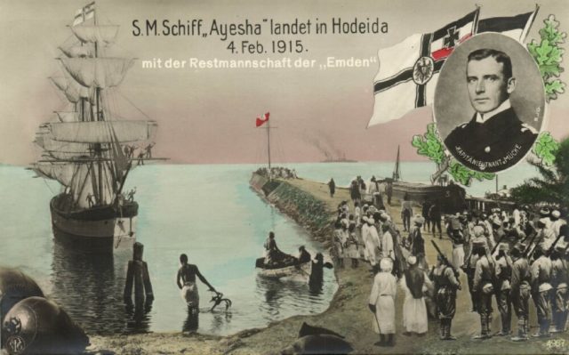 An inaccurate postcard representation of the landing party arriving at Hodeida in Yemen. In truth they arrived in small rowboats from the German freighter Choising.