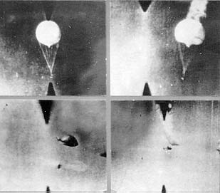An 11th Air Force Fighter gun camera capturing the shooting down of Japanese fire balloons over the Aleutians on April 11, 1945 Image Source: Wikipedia 