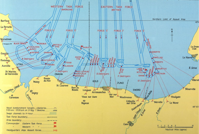 A map showing the Naval Bombardments, and landing zones of D-day. Source: Wikipedia / Public Domain