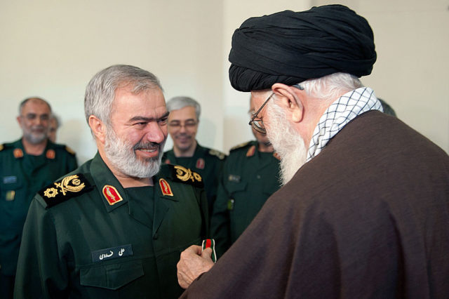 Ayatollah Sayyed Ali Khamenei presenting IRGC Brigadier General Ali Fadavi the Order of Conquest on January 31, 2016 for capturing the US sailors Image Source: Khamenei.ir CC BY 4.0