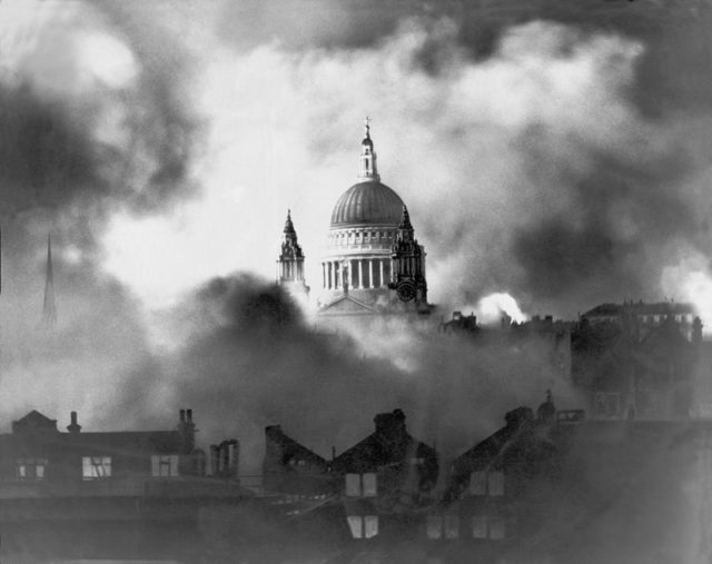 St Paul's looming out of the mist and destruction during the blitz.
