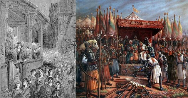 Left: The Children's Crusade. By Gustave Doré, Public Domain Right: 20th century depiction of Crusaders surrendering to Saladin. By Said Tahsine (1904-1985 Syria) - Public Domain