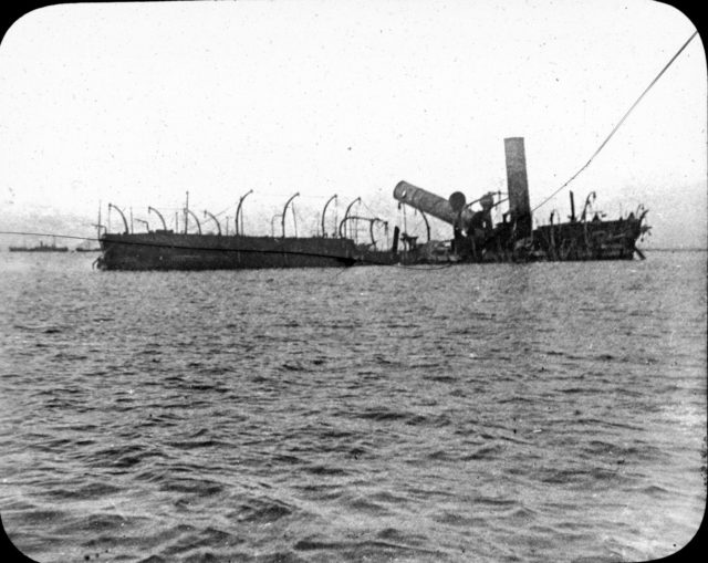 The wreck of the Reina Cristina after the battle.