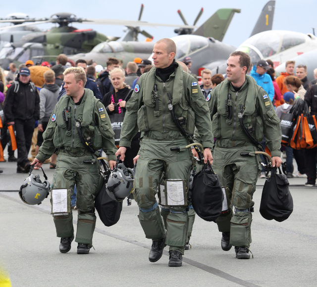 Finnish Air Force Midnights Hawks aerobatic team pilots at Tour-de-Sky airshow at Kuopio, Finand. (Photo by Fyodor Borisov/Transport-Photo Images)