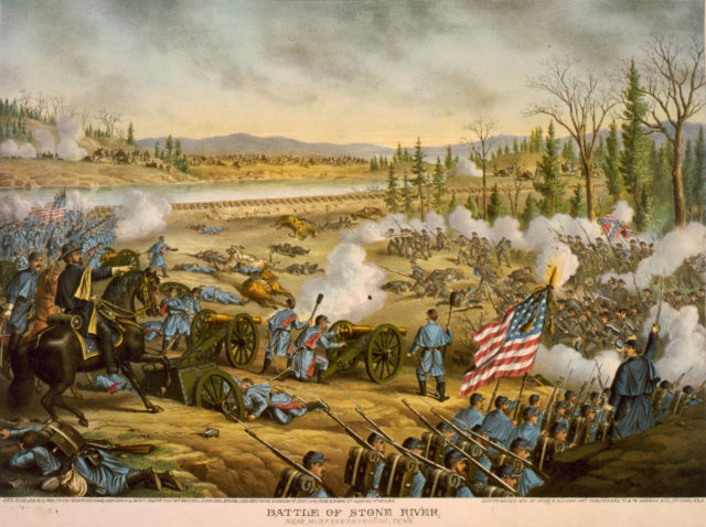 General William Rosecrans (left) rallies U.S. troops at Stones River in an 1891 illustration by Kurz and Allison.