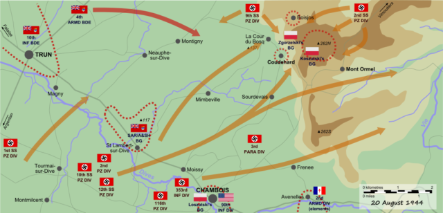 German counterattacks against Canadian-Polish positions on 20 August, 1944; By EyeSerene - Own work by uploader. Based onCopp, Terry (2004) [2003] Fields of Fire: The Canadians in Normandy, Toronto: University of Toronto Press ISBN: 0-80203-780-1. OCLC: 56329119.August 20th: the counter-attack of 2nd SS-PanzerKorps. Mémorial de Coudehard-Montormel (memorial-montormel.org). Retrieved on 2010-07-16.Additional information incorporated from sourced descriptive text at Hill 262 at en.wikipedia.org, GFDL, https://commons.wikimedia.org/w/index.php?curid=10896384 