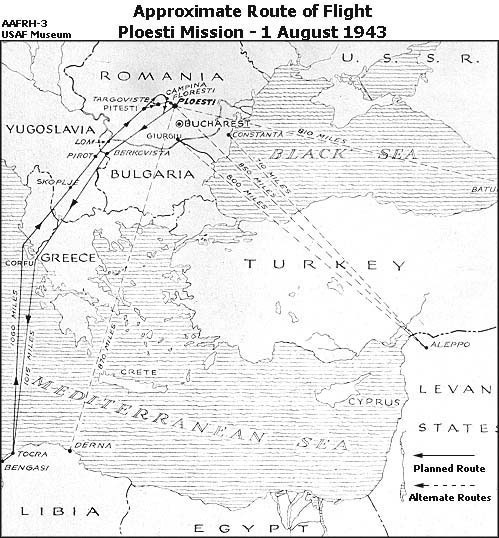 Approximate bomber route for Operation Tidal Wave, the low level bombing raid on the oil fields around Ploesti, Romania, Aug 1 1943 [U.S. Air Force / Public Domain]